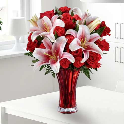 Mixed Flower And Lilies In A Vase-Floral Gifts For Her