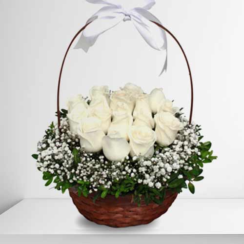 Dozen White Rose Basket-Send Flowers For New Mom