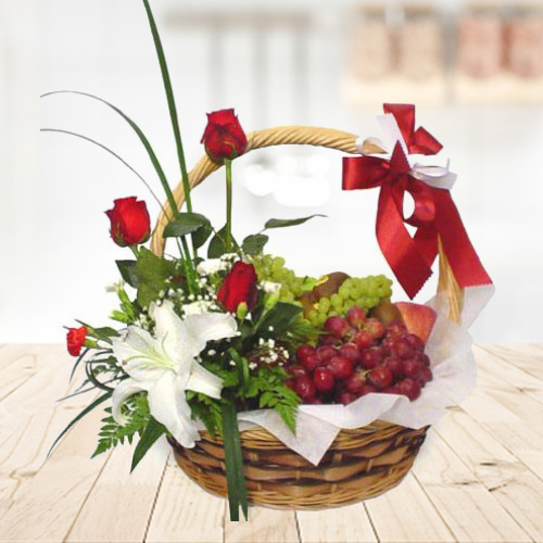 Grape And Flower Hamper-Anniversary Flower And Fruit Basket For Her