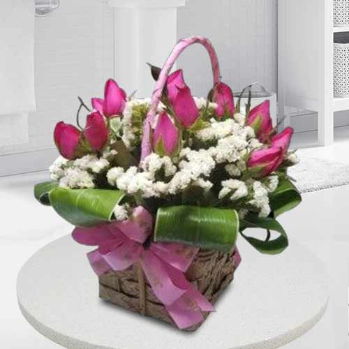 12 Pink Rose Basket