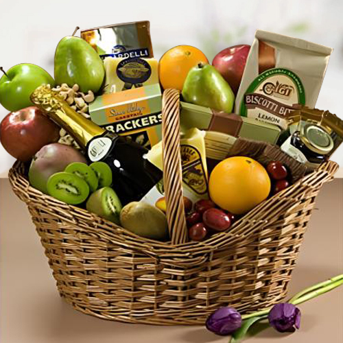 - Gourmet Fruit Basket With Sparkling Juice