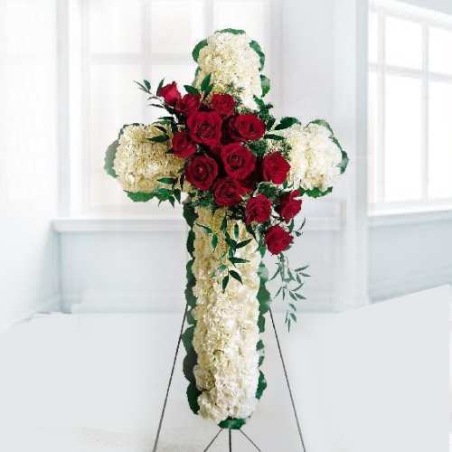 White Cross With Red Roses-Cross Wreath For Funeral