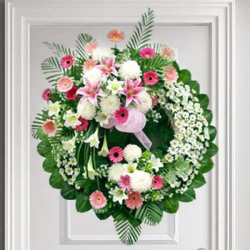 Lily And Seasonal Flower Wreath-Wreath To Send For Bereavement