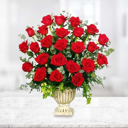 24 Red Roses And Greenery-Send Sympathy Rose Arrangement