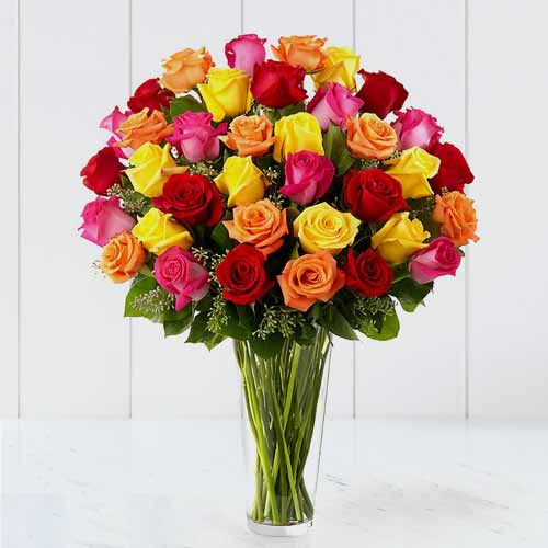 36 Mixed Roses In A Vase