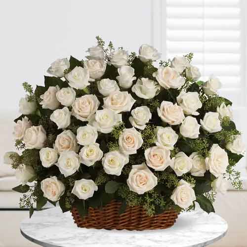 48 White Rose Basket-Wedding Anniversary Flowers Delivery