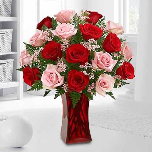 24 Red And Pink Rose In A Vase-Send Flowers For Mom Birthday