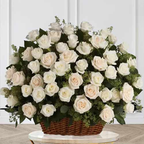 36 White Rose Basket-Flower Arrangement For New Born